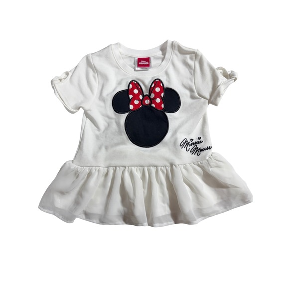 Disney Junior Minnie Other - Disney Junior Minnie Mouse Peplum Top Girls 5 White Ruffle Chiffon Hem Graphic T